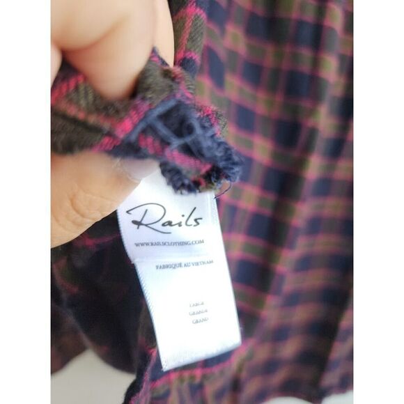 Rails "Andie" Navy Blue Purple Plaid Band Collar Button Down Blouse size Large - Picture 8 of 10
